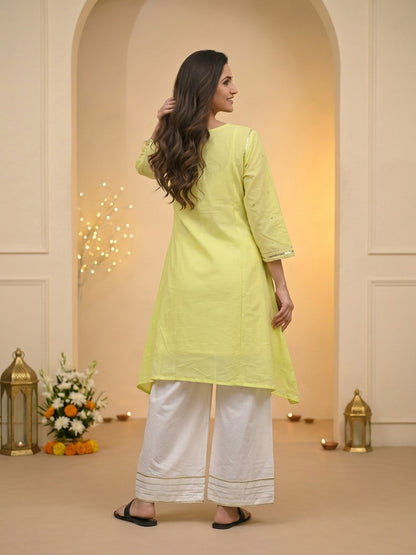 Lime Green Solid Cotton Mulmul A-Line Kurta Set with Gota & Mirror Work and White Salwar