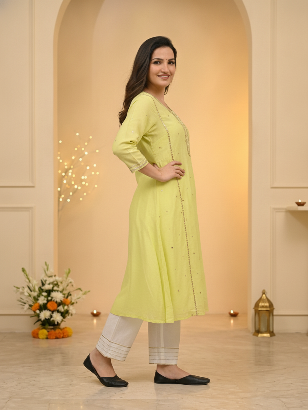 Lime Green Solid Cotton Mulmul A-Line Kurta Set with Gota & Mirror Work and White Salwar