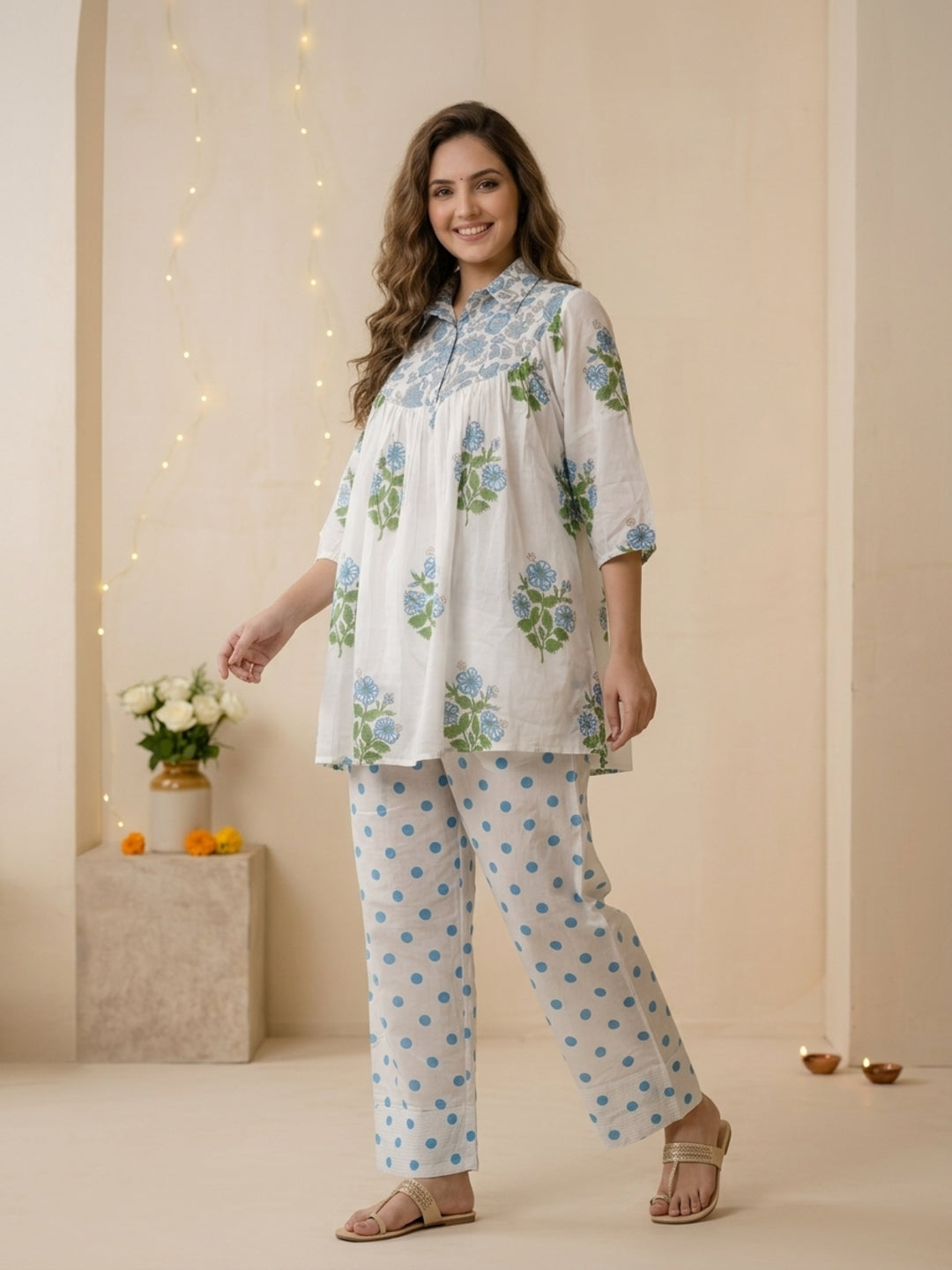 Blue Ethnic Floral Print Cotton Pleated A-Line Kurta Set with Shirt Collar, Puff Sleeves & Polka Dot Salwar