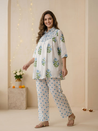 Blue Ethnic Floral Print Cotton Pleated A-Line Kurta Set with Shirt Collar, Puff Sleeves & Polka Dot Salwar