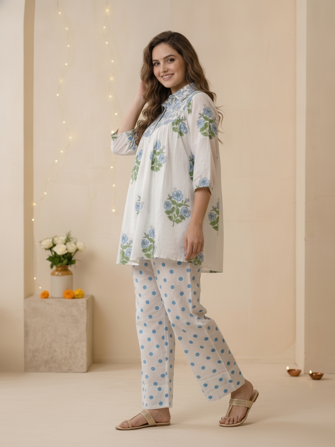 Blue Ethnic Floral Print Cotton Pleated A-Line Kurta Set with Shirt Collar, Puff Sleeves & Polka Dot Salwar