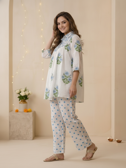 Blue Ethnic Floral Print Cotton Pleated A-Line Kurta Set with Shirt Collar, Puff Sleeves & Polka Dot Salwar