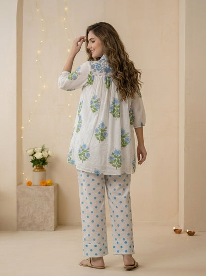 Blue Ethnic Floral Print Cotton Pleated A-Line Kurta Set with Shirt Collar, Puff Sleeves & Polka Dot Salwar