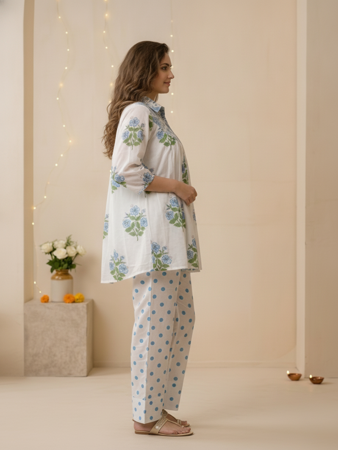 Blue Ethnic Floral Print Cotton Pleated A-Line Kurta Set with Shirt Collar, Puff Sleeves & Polka Dot Salwar