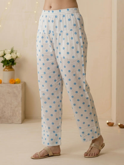 Blue Ethnic Floral Print Cotton Pleated A-Line Kurta Set with Shirt Collar, Puff Sleeves & Polka Dot Salwar