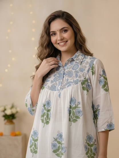 Blue Ethnic Floral Print Cotton Pleated A-Line Kurta Set with Shirt Collar, Puff Sleeves & Polka Dot Salwar