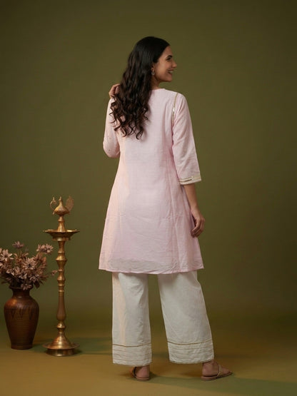 Blush Pink Solid Cotton Mulmul A-Line Kurta Set with Gota & Mirror Work and White Salwar
