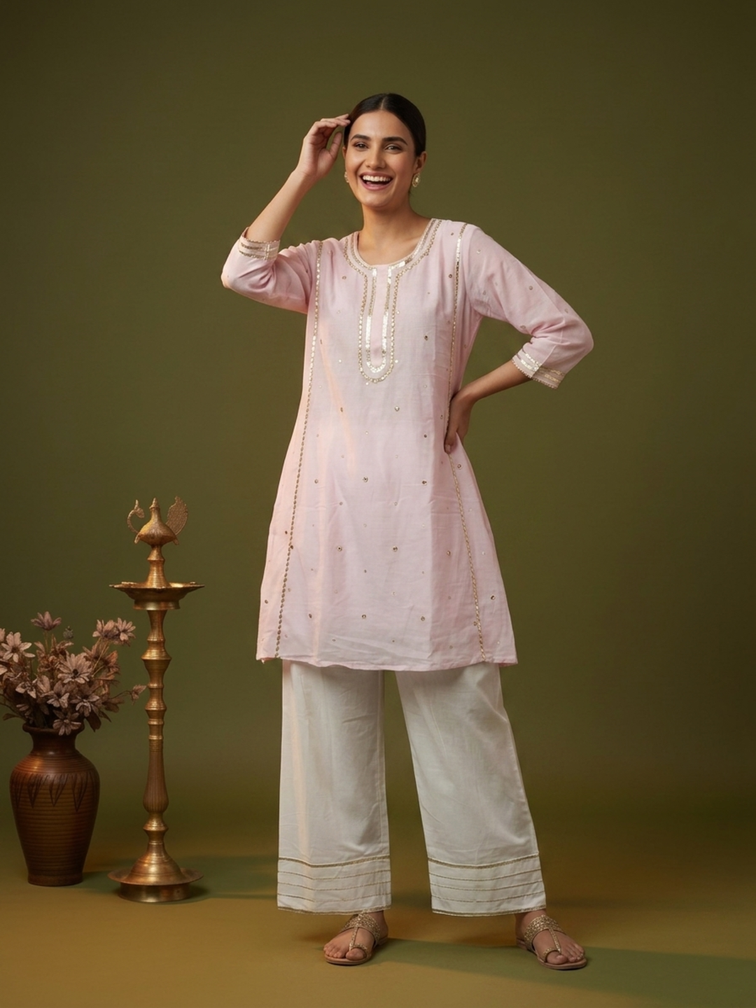 Blush Pink Solid Cotton Mulmul A-Line Kurta Set with Gota & Mirror Work and White Salwar