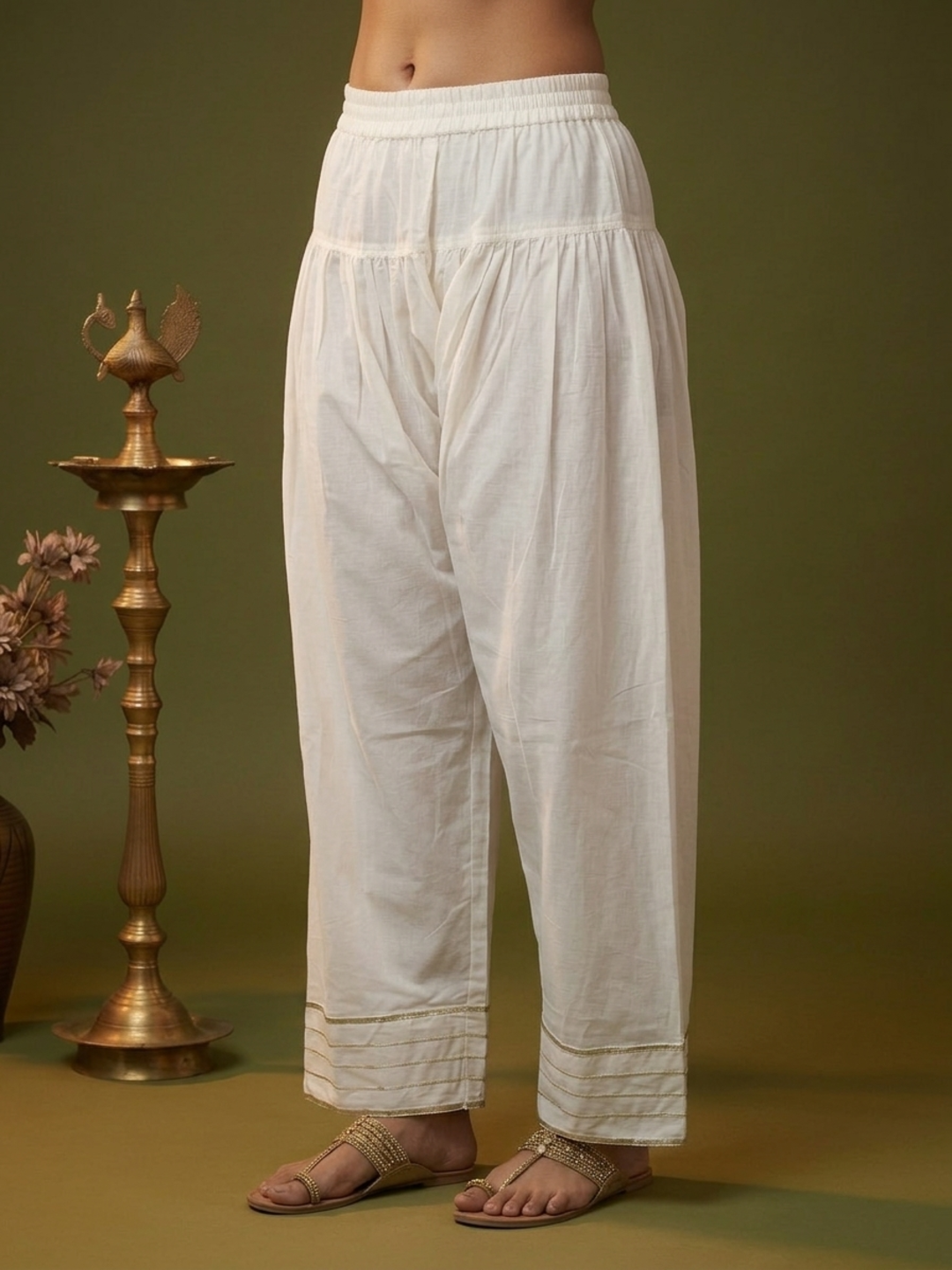 Blush Pink Solid Cotton Mulmul A-Line Kurta Set with Gota & Mirror Work and White Salwar