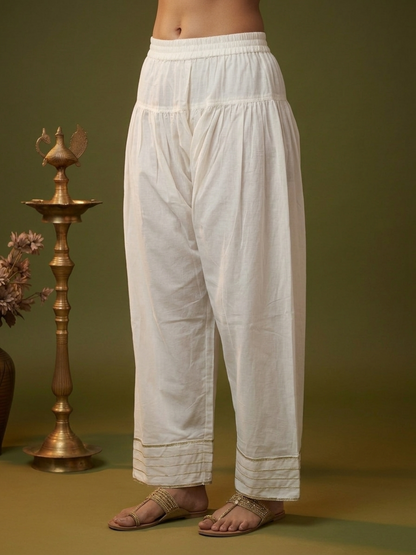 Blush Pink Solid Cotton Mulmul A-Line Kurta Set with Gota & Mirror Work and White Salwar