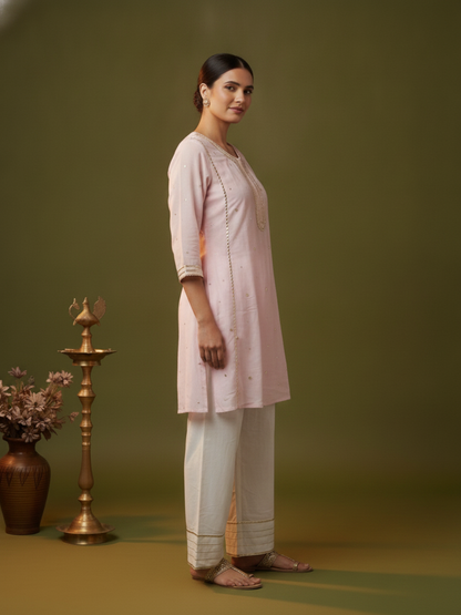 Blush Pink Solid Cotton Mulmul A-Line Kurta Set with Gota & Mirror Work and White Salwar