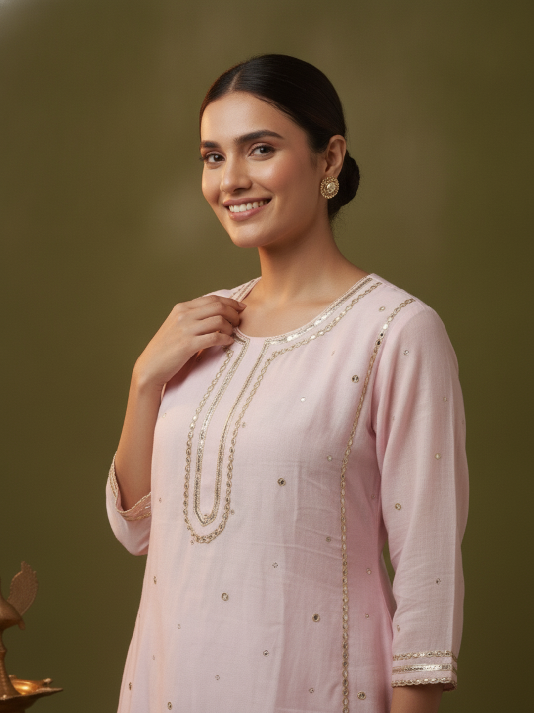 Blush Pink Solid Cotton Mulmul A-Line Kurta Set with Gota & Mirror Work and White Salwar