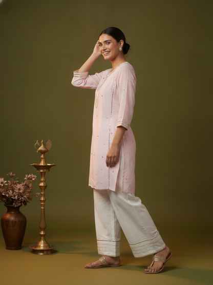 Blush Pink Solid Cotton Mulmul A-Line Kurta Set with Gota & Mirror Work and White Salwar