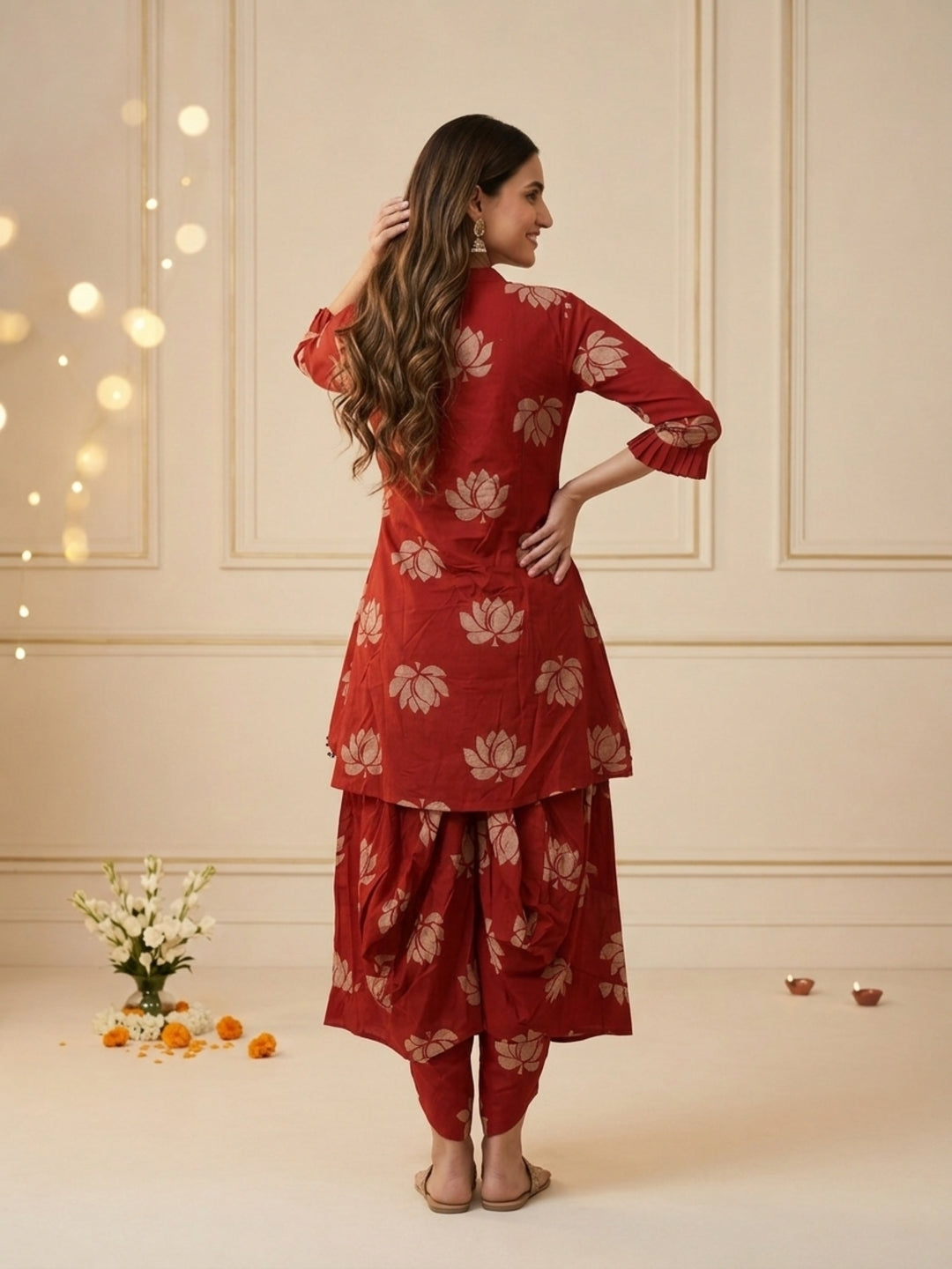 Red Lotus Print Cotton Layered Cowled Maxi Dress with Coin Lace & V-Neck