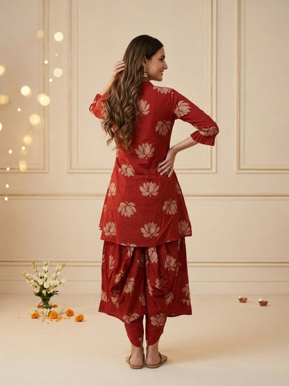 Red Lotus Print Cotton Layered Cowled Maxi Dress with Coin Lace & V-Neck