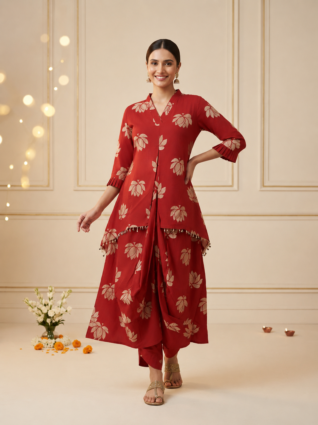Red Lotus Print Cotton Layered Cowled Maxi Dress with Coin Lace & V-Neck