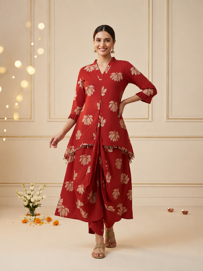 Red Lotus Print Cotton Layered Cowled Maxi Dress with Coin Lace & V-Neck
