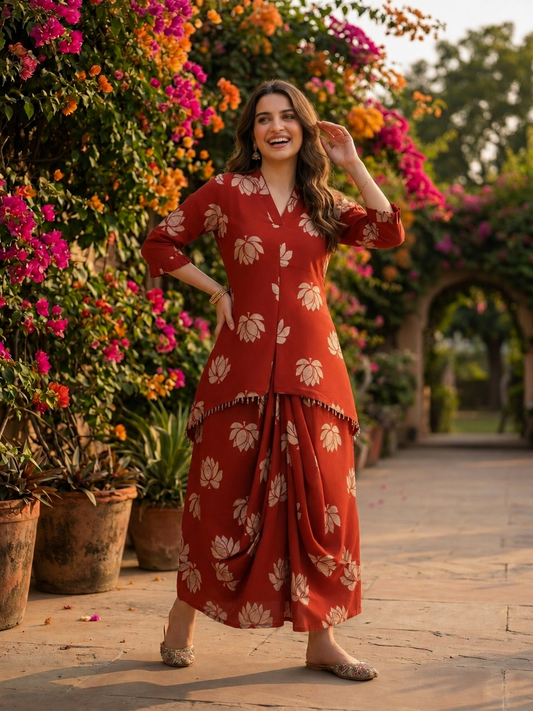 Red Lotus Print Cotton Layered Cowled Maxi Dress with Coin Lace & V-Neck