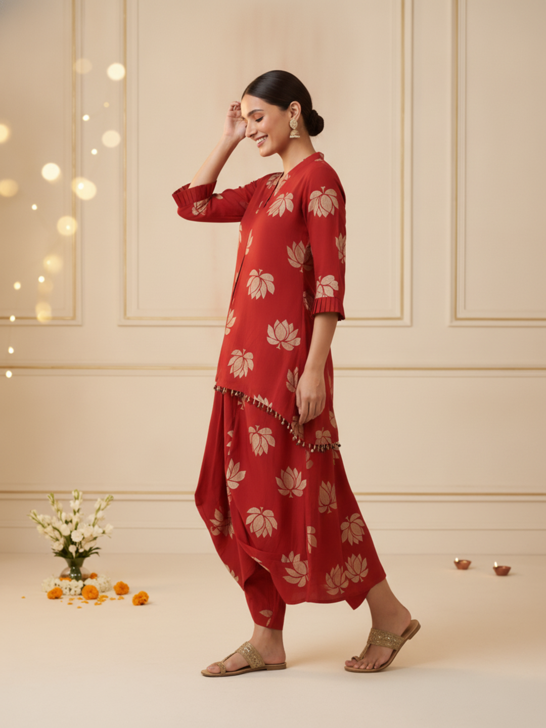Red Lotus Print Cotton Layered Cowled Maxi Dress with Coin Lace & V-Neck