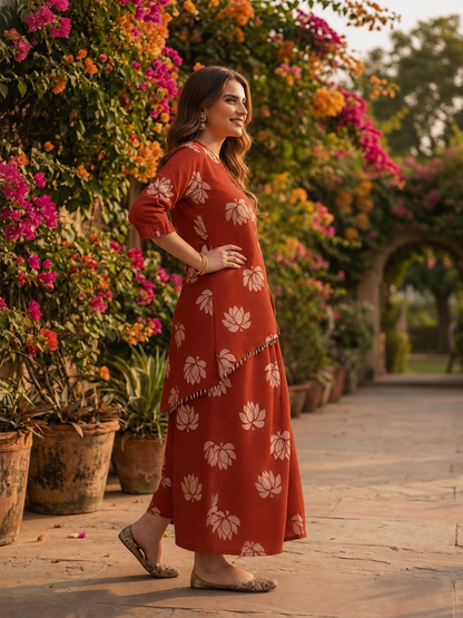 Red Lotus Print Cotton Layered Cowled Maxi Dress with Coin Lace & V-Neck