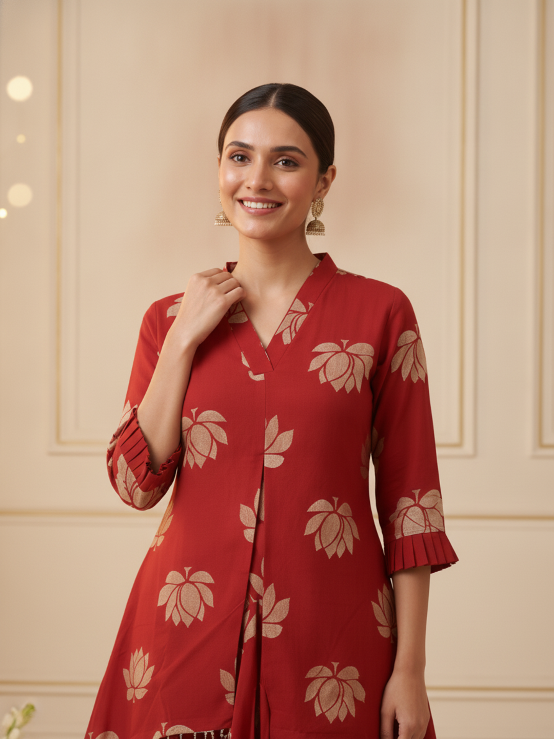 Red Lotus Print Cotton Layered Cowled Maxi Dress with Coin Lace & V-Neck