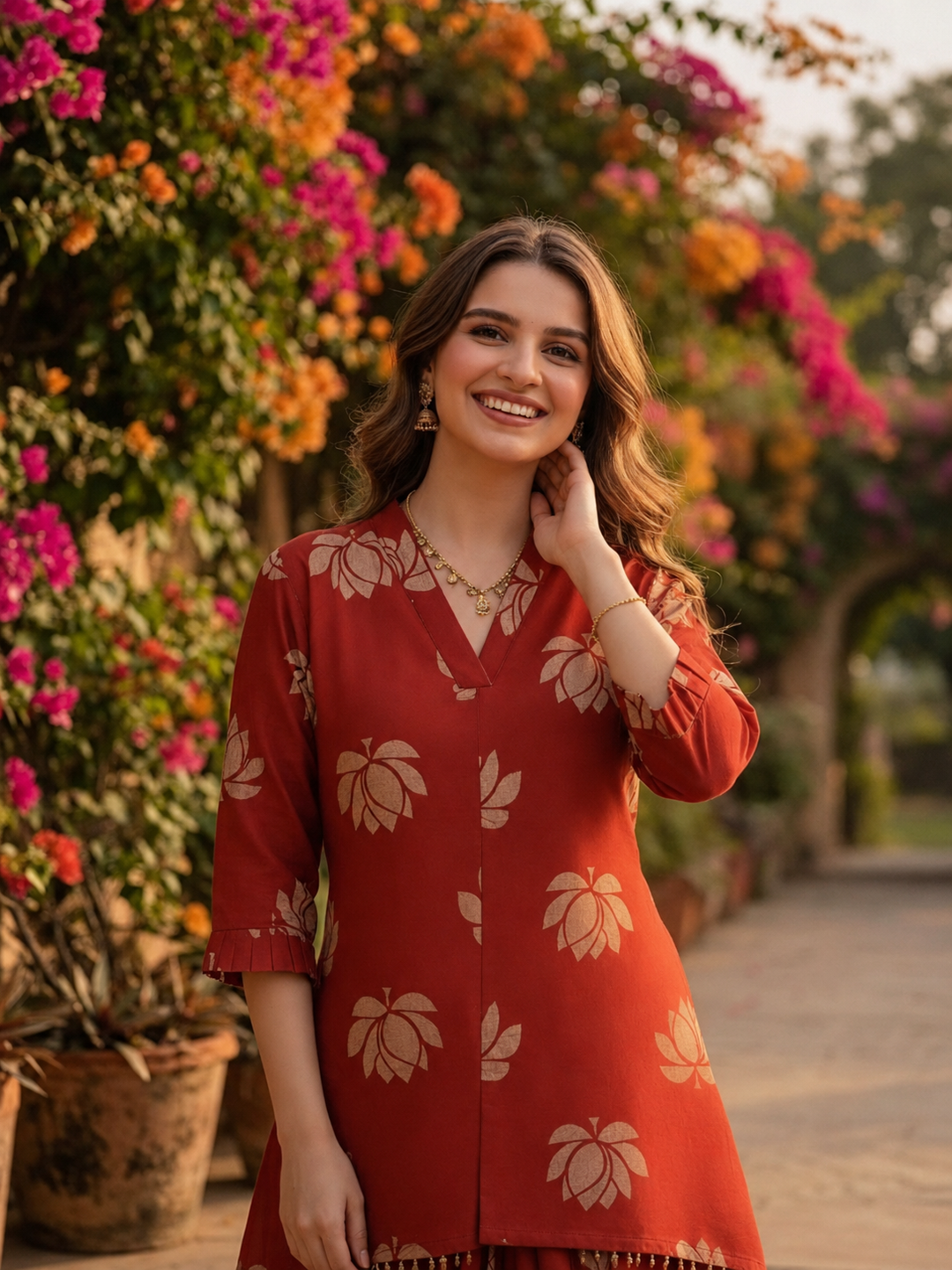 Red Lotus Print Cotton Layered Cowled Maxi Dress with Coin Lace & V-Neck