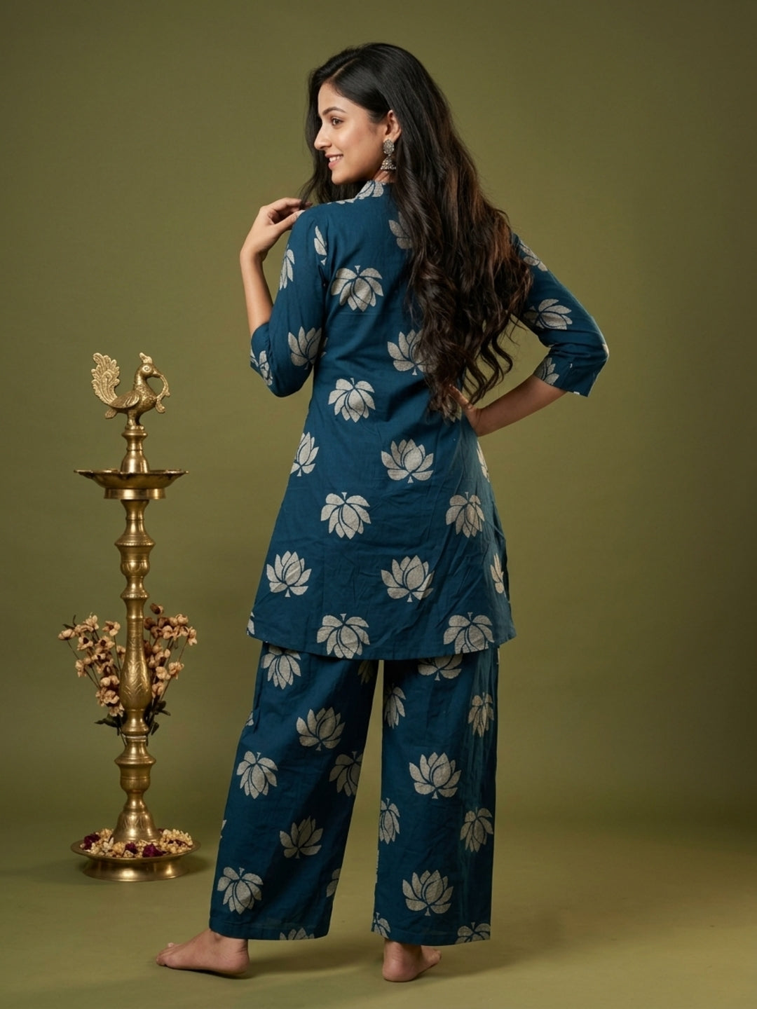 Blue Lotus Print Cotton Layered Cowled Maxi Dress with Coin Lace & V-Neck