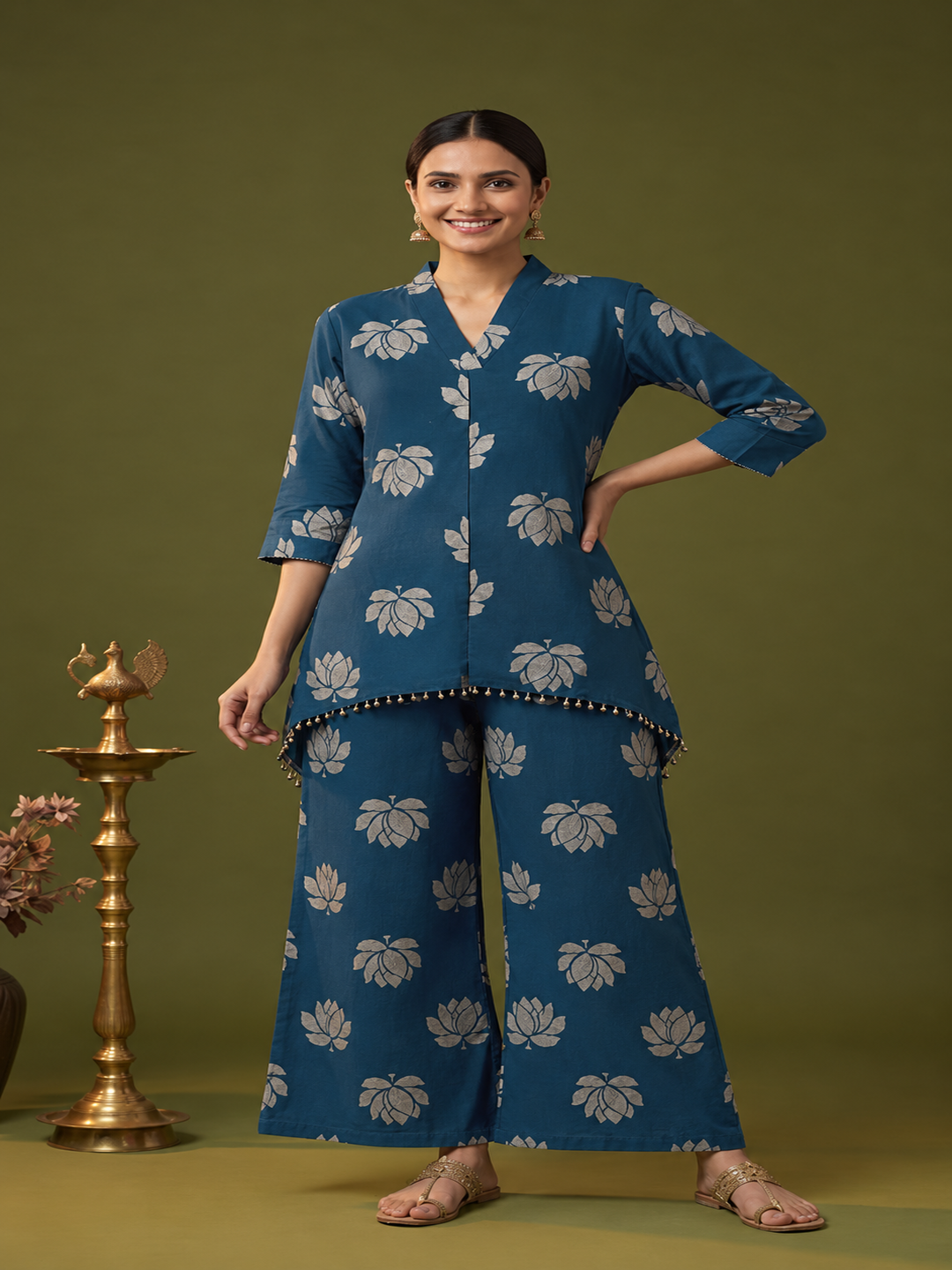 Blue Lotus Print Cotton Layered Cowled Maxi Dress with Coin Lace & V-Neck