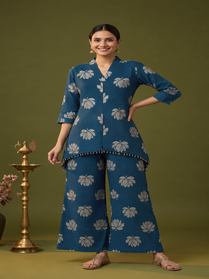 Blue Lotus Print Cotton Layered Cowled Maxi Dress with Coin Lace & V-Neck