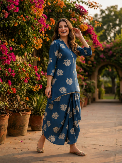 Blue Lotus Print Cotton Layered Cowled Maxi Dress with Coin Lace & V-Neck