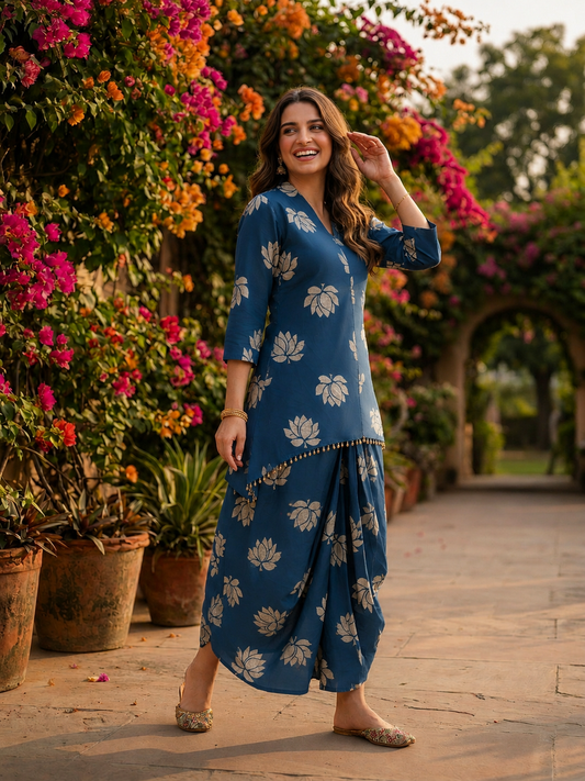Blue Lotus Print Cotton Layered Cowled Maxi Dress with Coin Lace & V-Neck