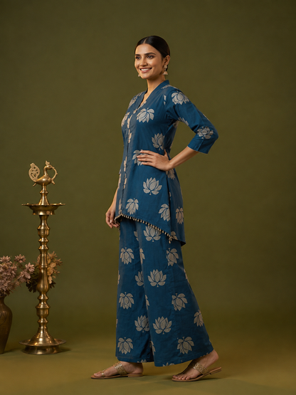 Blue Lotus Print Cotton Layered Cowled Maxi Dress with Coin Lace & V-Neck