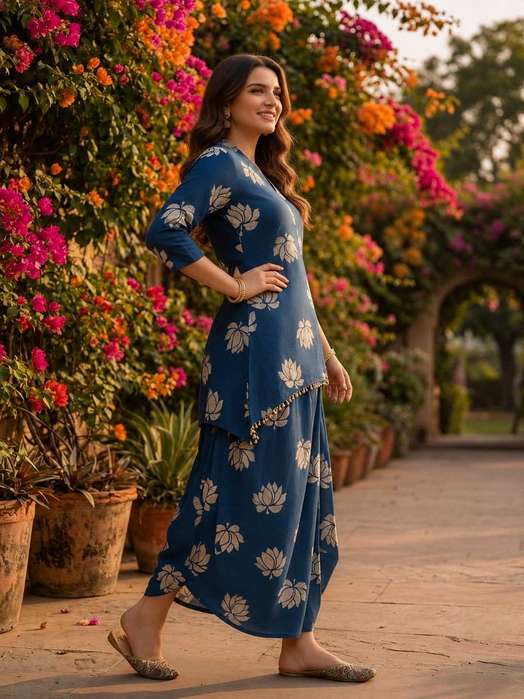 Blue Lotus Print Cotton Layered Cowled Maxi Dress with Coin Lace & V-Neck