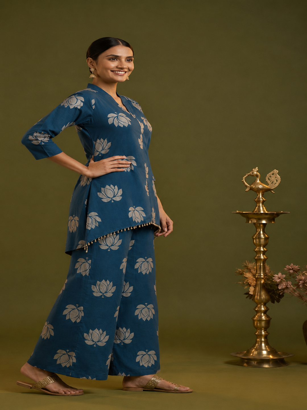 Blue Lotus Print Cotton Layered Cowled Maxi Dress with Coin Lace & V-Neck