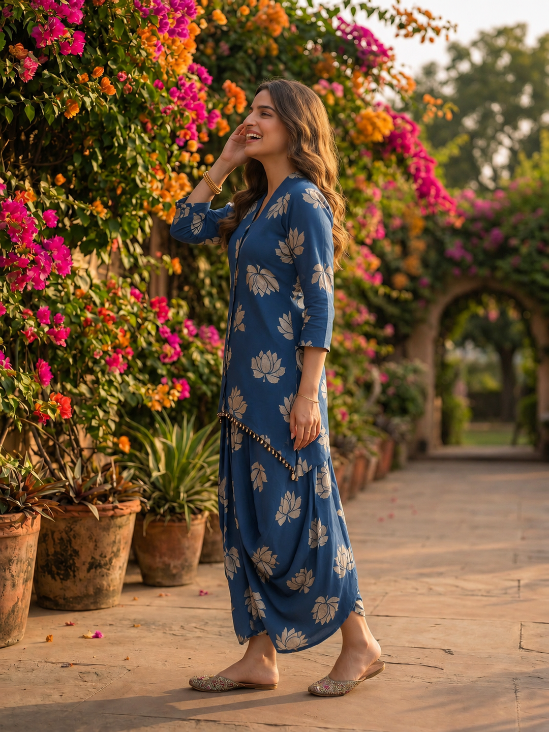 Blue Lotus Print Cotton Layered Cowled Maxi Dress with Coin Lace & V-Neck
