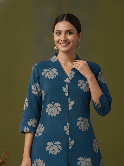 Blue Lotus Print Cotton Layered Cowled Maxi Dress with Coin Lace & V-Neck