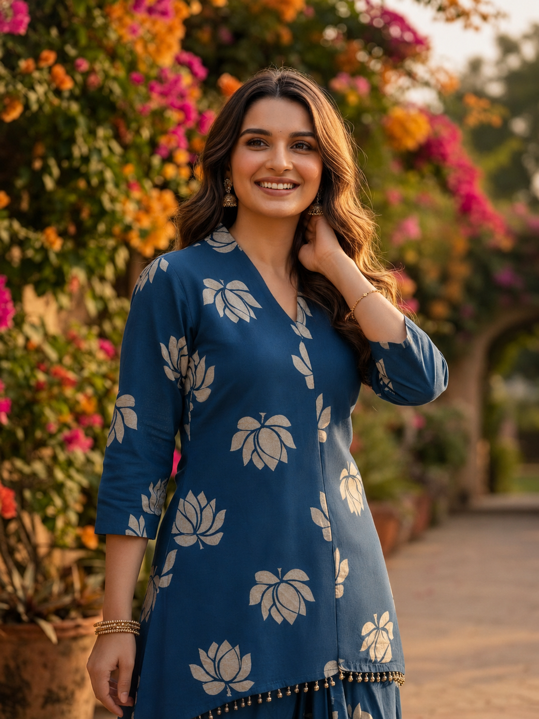 Blue Lotus Print Cotton Layered Cowled Maxi Dress with Coin Lace & V-Neck