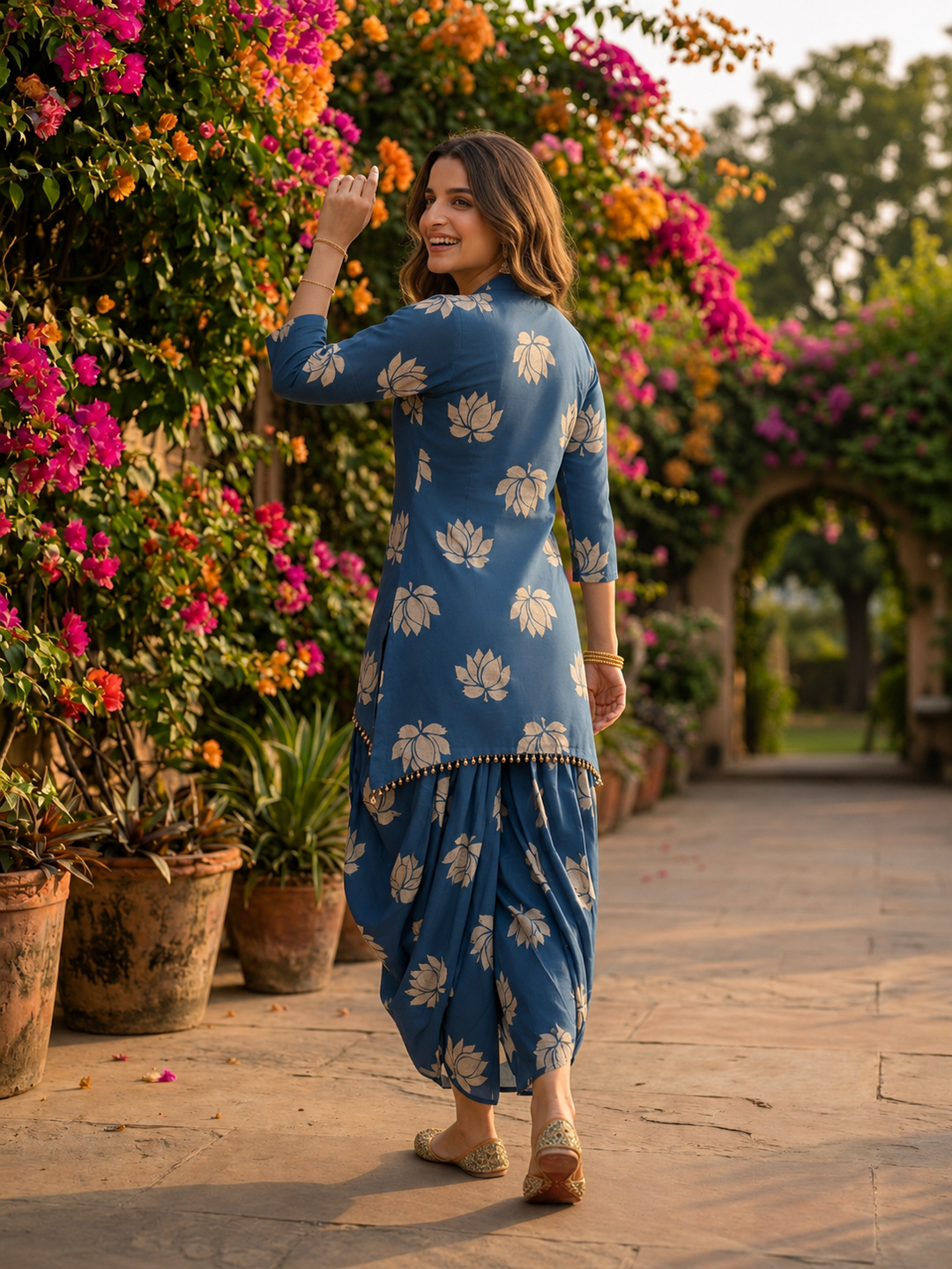 Blue Lotus Print Cotton Layered Cowled Maxi Dress with Coin Lace & V-Neck