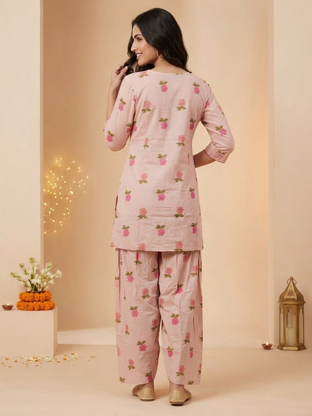 Baby Pink Floral Print Cotton Straight Kurta Set with Embroidery & Sequin and Printed Salwar