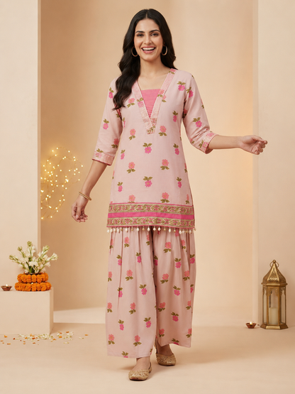 Baby Pink Floral Print Cotton Straight Kurta Set with Embroidery & Sequin and Printed Salwar