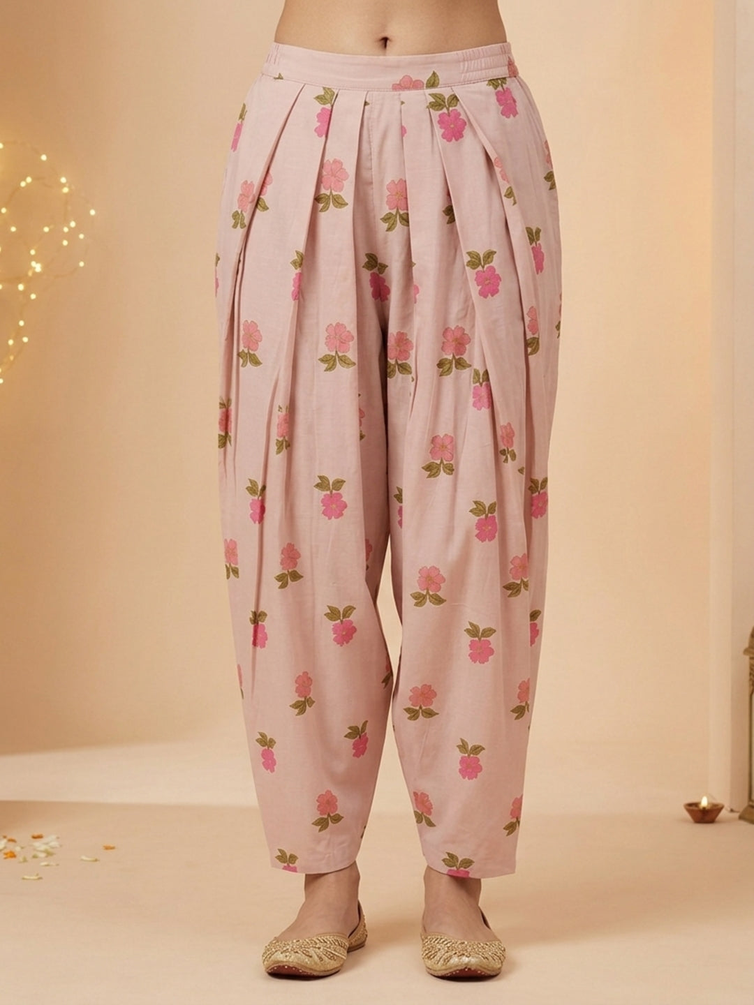 Baby Pink Floral Print Cotton Straight Kurta Set with Embroidery & Sequin and Printed Salwar