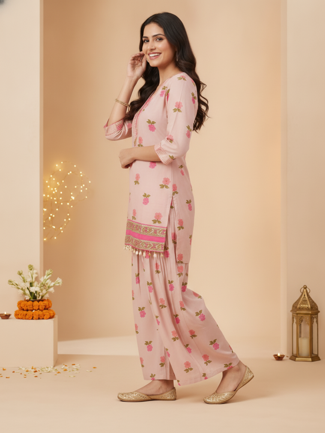 Baby Pink Floral Print Cotton Straight Kurta Set with Embroidery & Sequin and Printed Salwar
