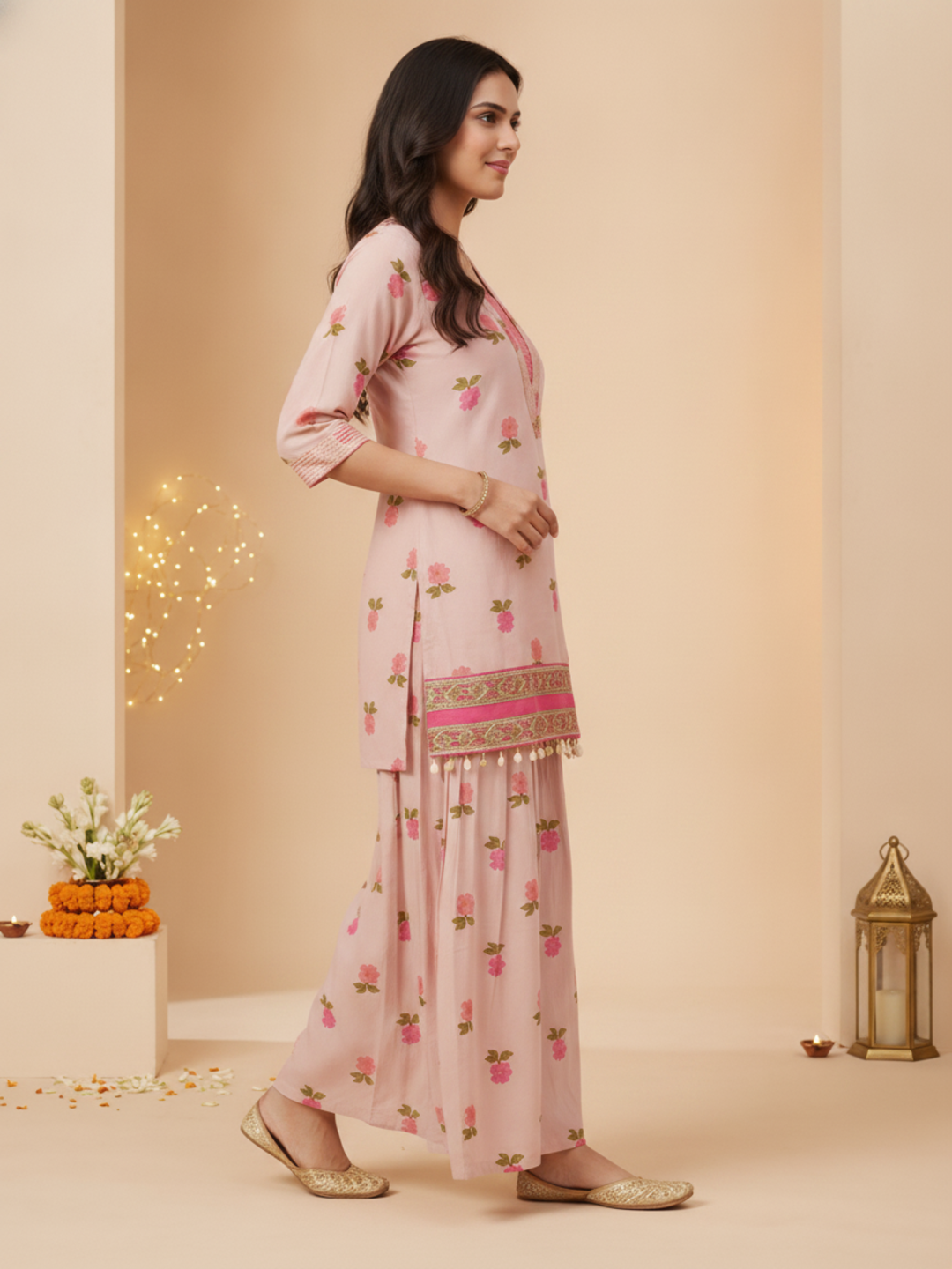 Baby Pink Floral Print Cotton Straight Kurta Set with Embroidery & Sequin and Printed Salwar