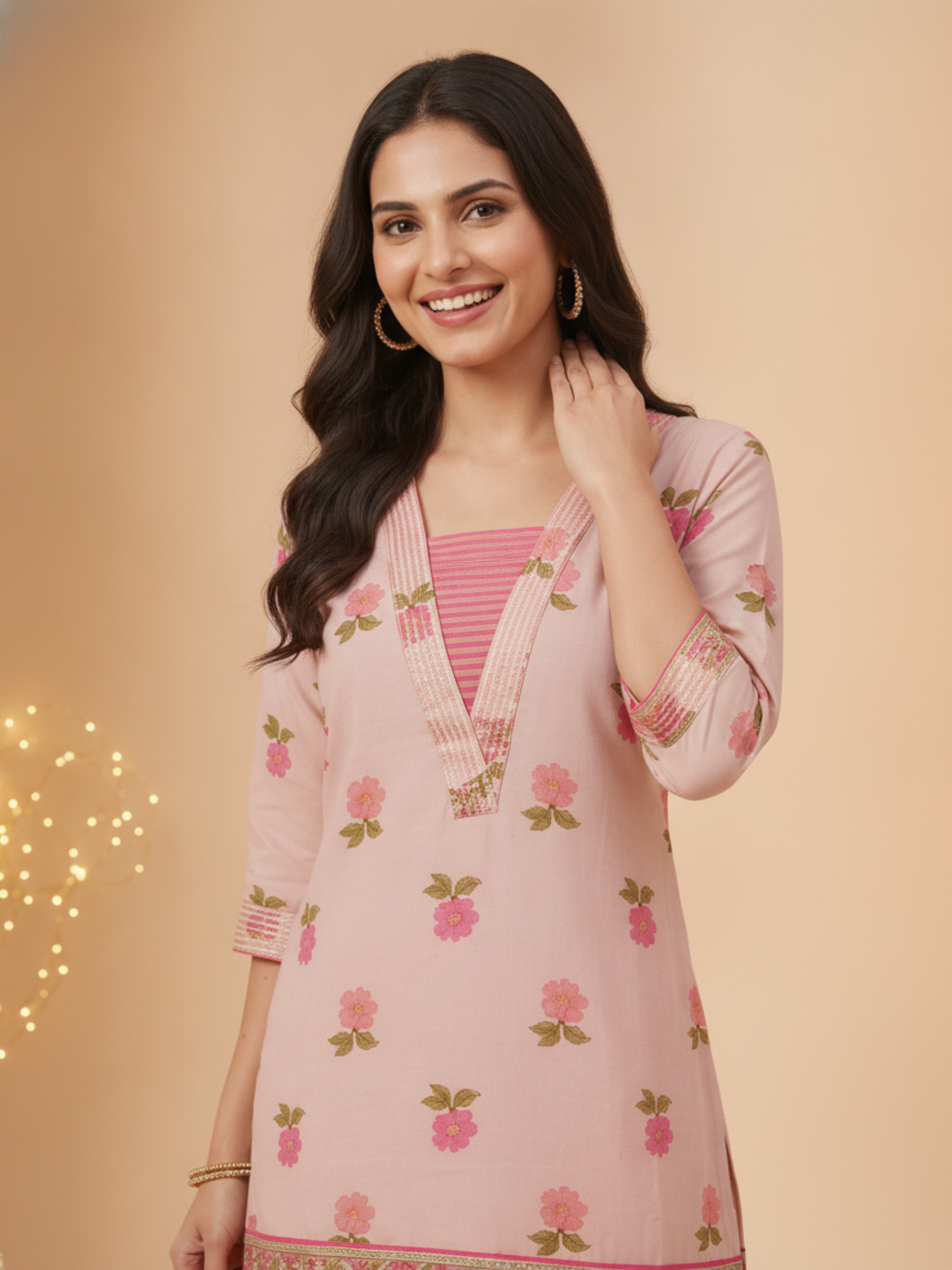 Baby Pink Floral Print Cotton Straight Kurta Set with Embroidery & Sequin and Printed Salwar