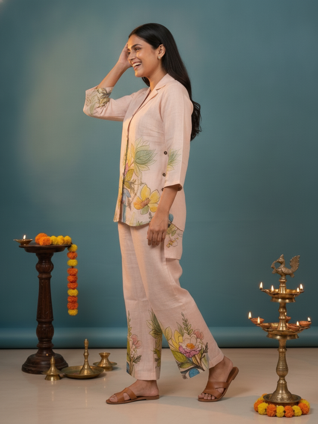 Beige Abstract Floral Print Cotton Slub High-Low A-Line Kurta Co-ord Set with Shirt Collar & Palazzo