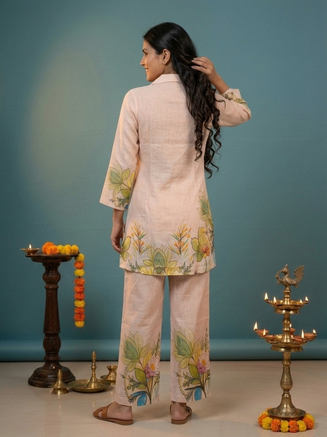 Beige Abstract Floral Print Cotton Slub High-Low A-Line Kurta Co-ord Set with Shirt Collar & Palazzo