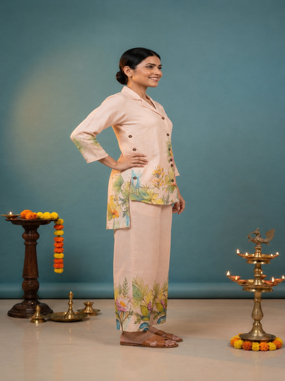 Beige Abstract Floral Print Cotton Slub High-Low A-Line Kurta Co-ord Set with Shirt Collar & Palazzo