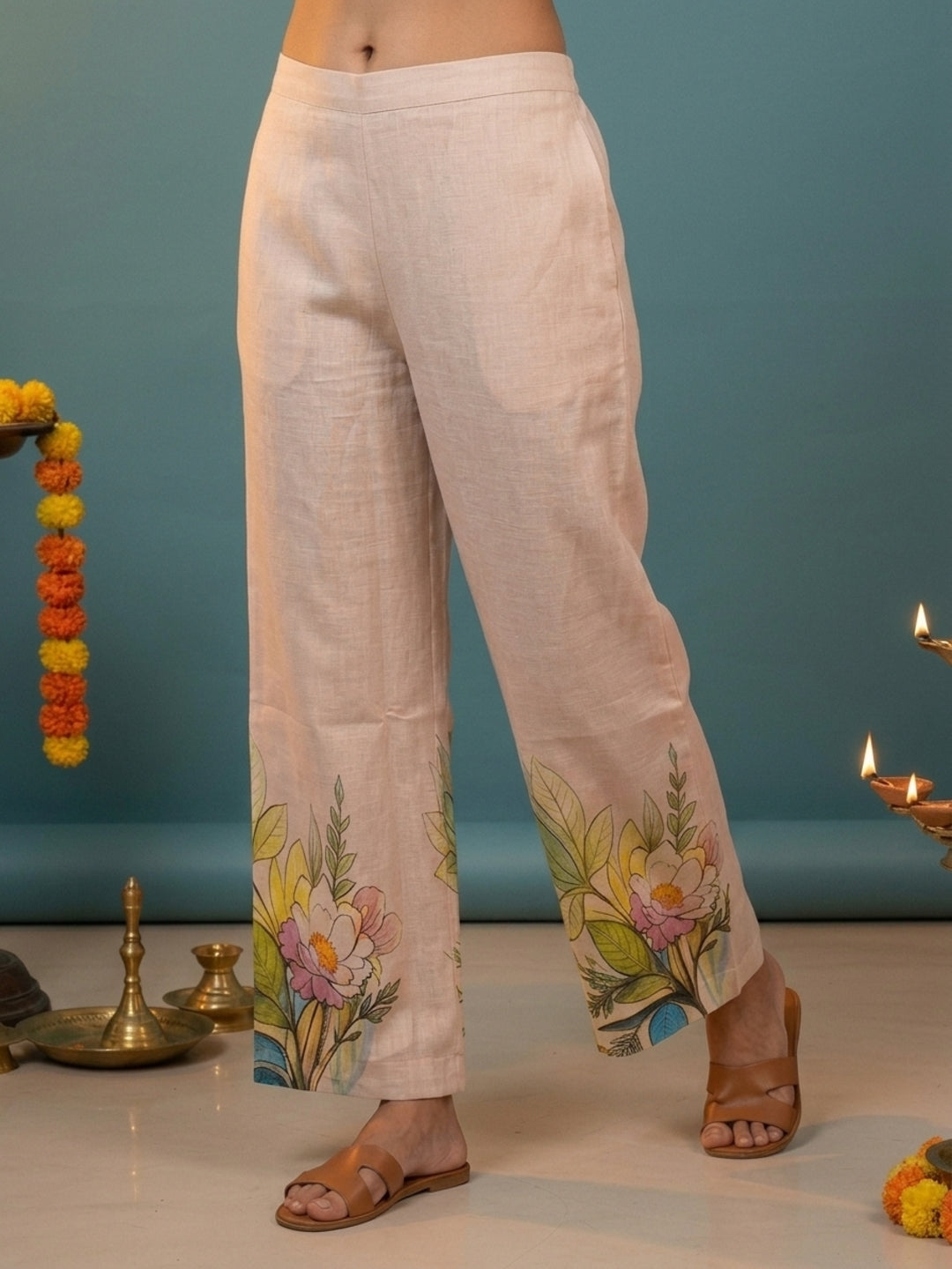 Beige Abstract Floral Print Cotton Slub High-Low A-Line Kurta Co-ord Set with Shirt Collar & Palazzo