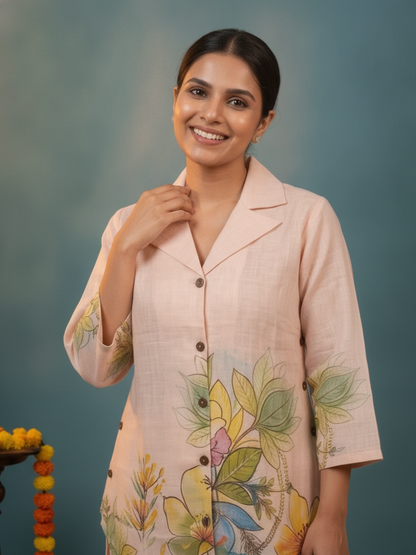 Beige Abstract Floral Print Cotton Slub High-Low A-Line Kurta Co-ord Set with Shirt Collar & Palazzo