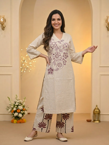 Off White Solid Cotton A-Line Kurta Set with Floral Thread Embroidery & Printed Palazzo